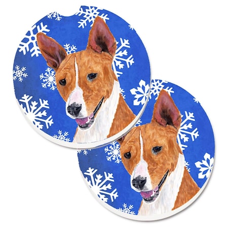 Carolines Treasures Basenji Winter Snowflakes Holiday Set of 2 Cup Holder Car Coaster SC9387CARC